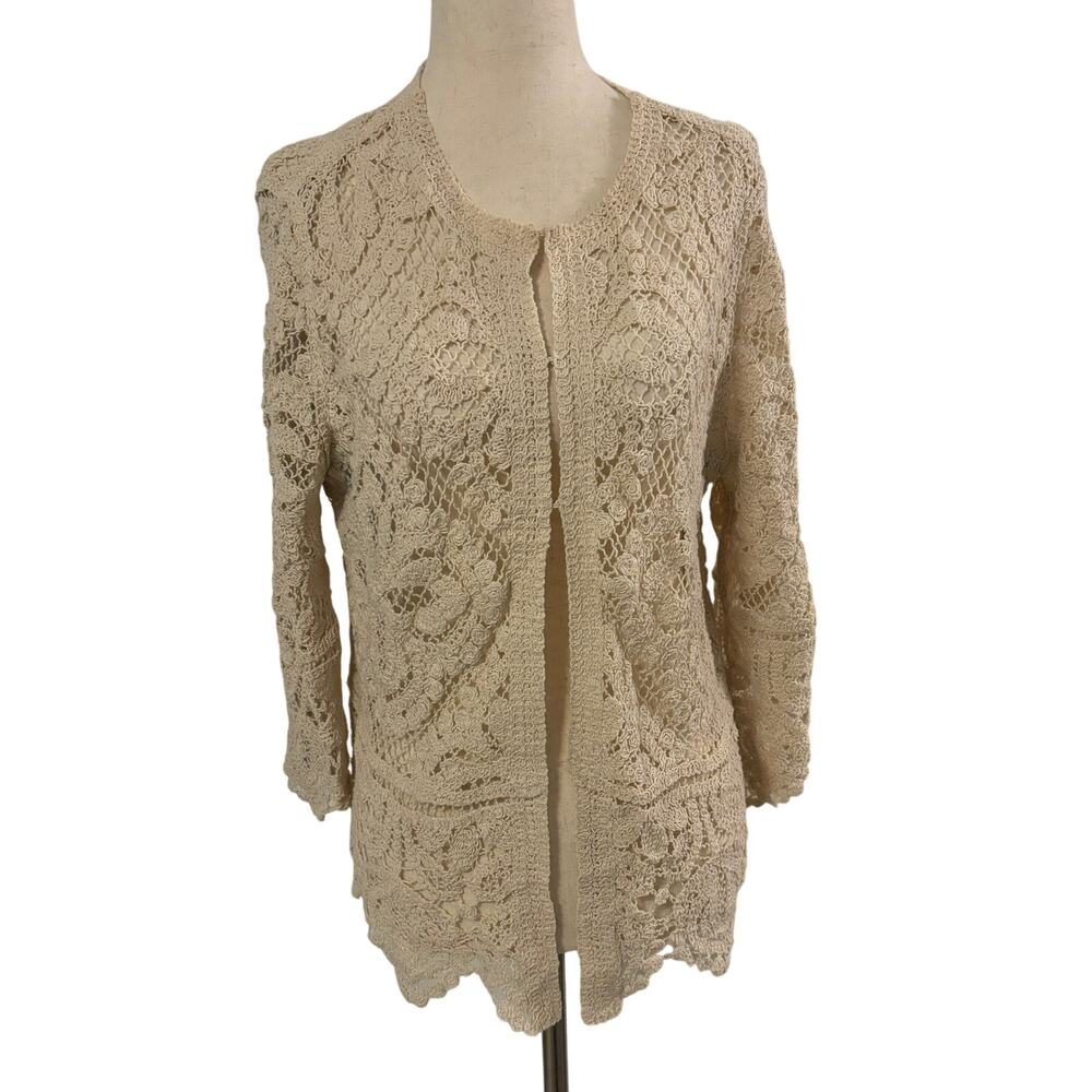 Chico’s Women's Cream Crochet Lace Sweater Cardigan Open Front Lightweight M
